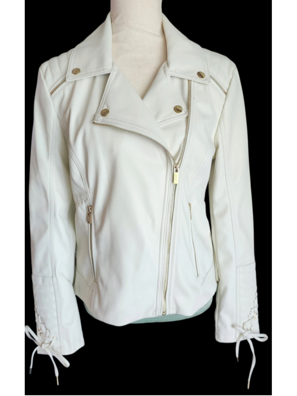 GUESS White Faux Leather Moto Biker Jacket M Gold Zip Lace-Up Sides Cuffs NWT
